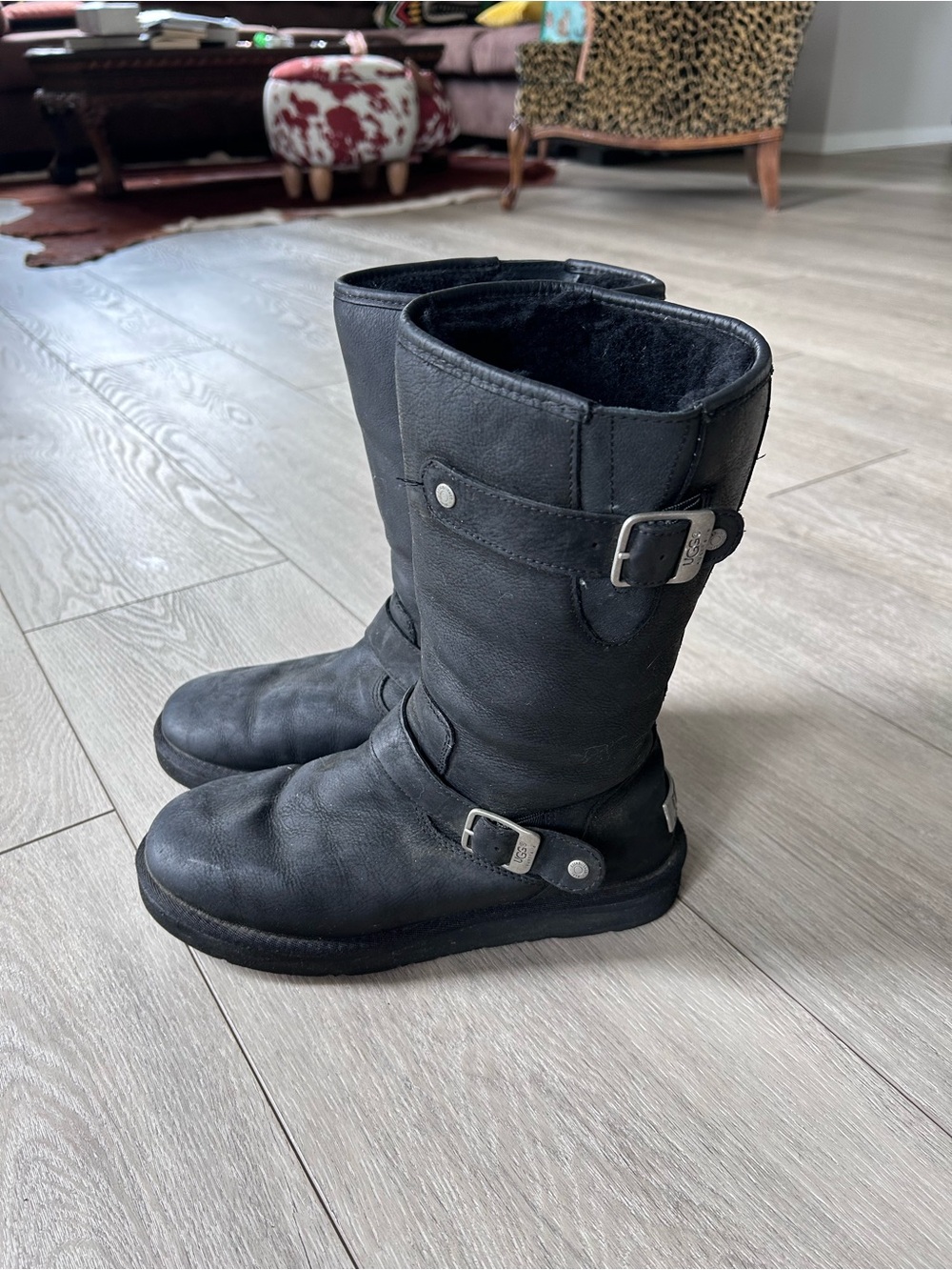 UGG Kensington Black Leather Mid-Calf Boots Silver Buckles Moto Biker Y2K Style
